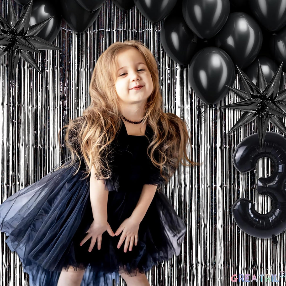 Black Tinsel Curtain Party Backdrop - GREATRIL Party Streamers Backdrop Foil Fringe Curtains for Birthdays/Wizard Halloween Decorations - 1M X 2.5M - Pack of 2