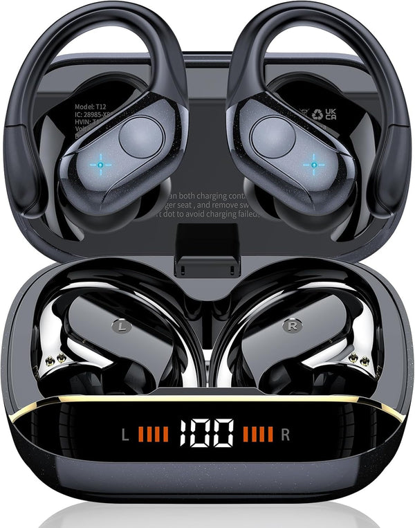 Wireless Earbuds Bluetooth 5.4 Headphones 75H Stereo Deep Bass Sports over Ear Buds with Earhooks, LED Display Bluetooth Earbuds with 4 ENC Mic, IP7 Waterproof Earphone for Running, Black