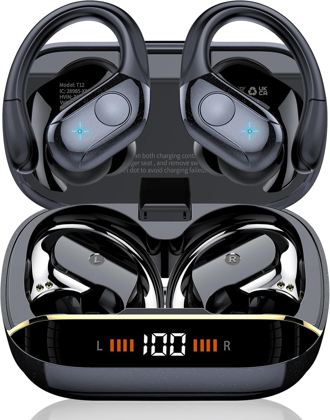 Wireless Earbuds Bluetooth 5.4 Headphones 75H Stereo Deep Bass Sports over Ear Buds with Earhooks, LED Display Bluetooth Earbuds with 4 ENC Mic, IP7 Waterproof Earphone for Running, Black