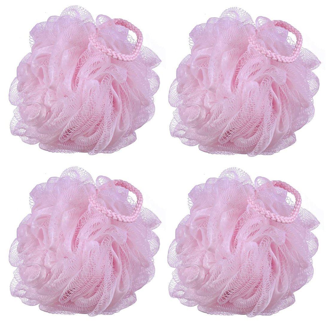 60G/Pcs Pink Mesh Bath Sponge Shower Pouf Loofahs Shower Puff Pack of 4 (Pink)