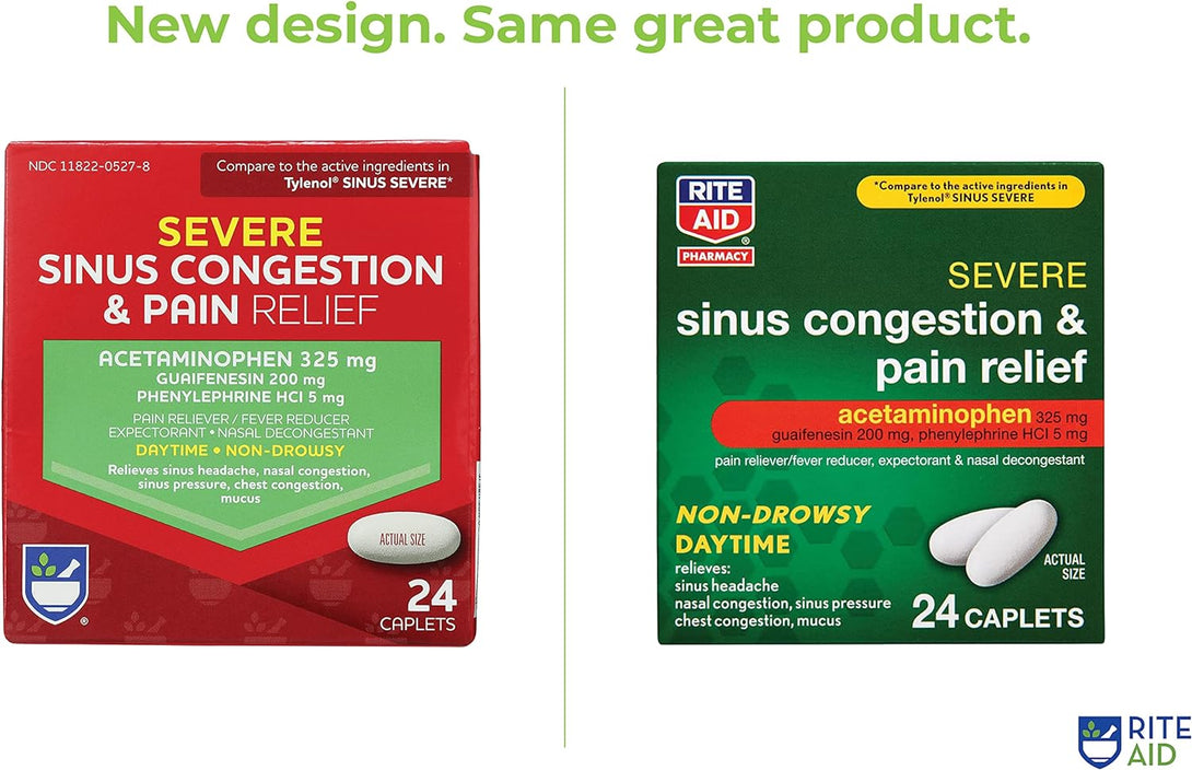 Rite Aid Daytime Severe Sinus Congestion & Pain Relief - Acetaminophen, 325 Mg - 24 Caplets | Multi-Symptom Non-Drowsy | Relief | Cold and Flu | Cold & Sinus Medicine for Adults