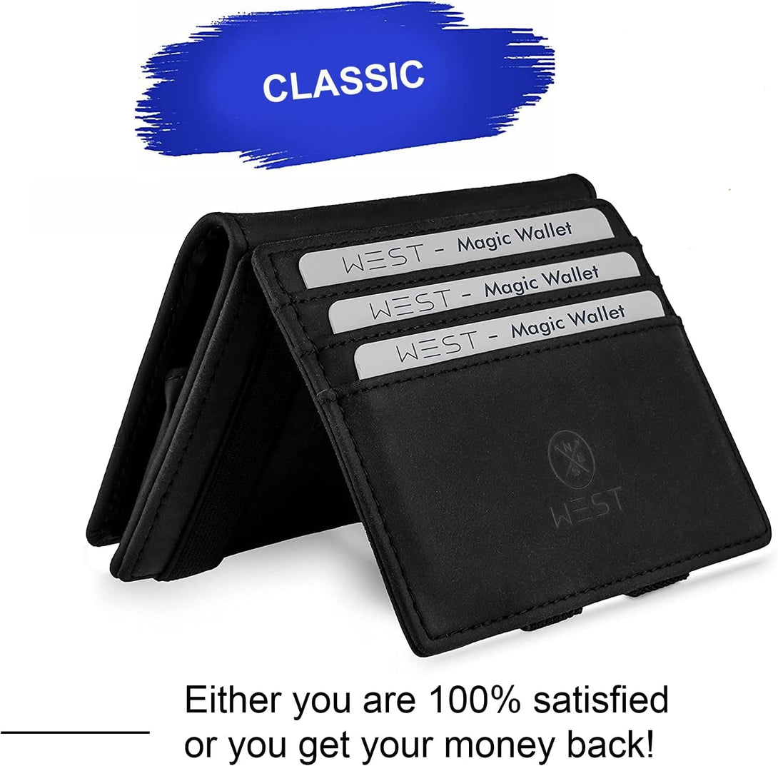West - RFID Wallet with Coin Pouch + Gift Packaging - Compact & Small Magic Money Wallet - Extra Strong Money Bands