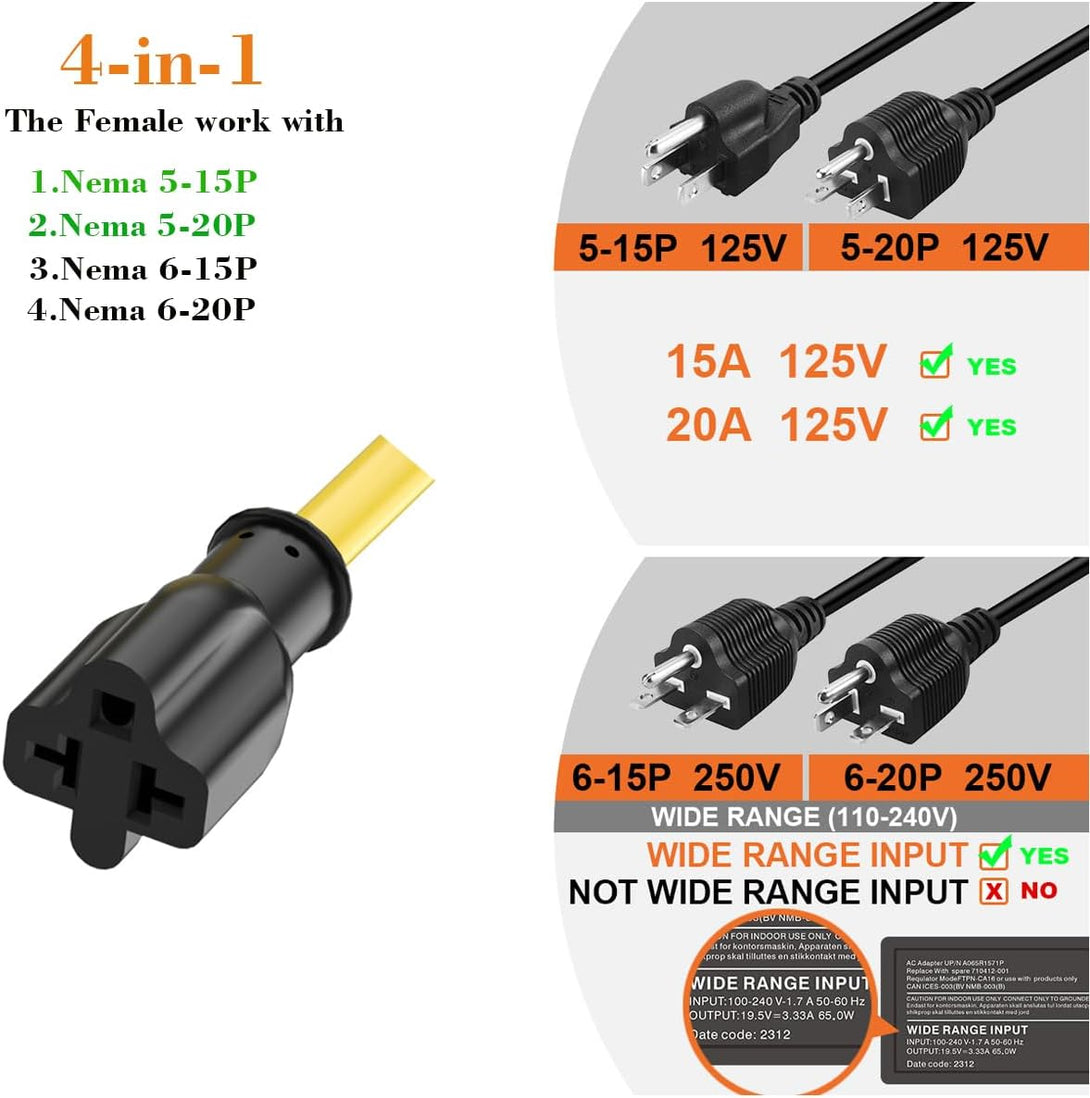 [4-In-1] 12AWG 15 Amp Household AC Plug to 20 Amp T Blade Adapter Cable,5-15P to 5-20R,5-15P to 6-15R,5-15P to 6-20R, 4 in 1 AC Adapter,15A 125V to 20A 250V 15A 125V to 20A 250V Adapter Cable, 1FT