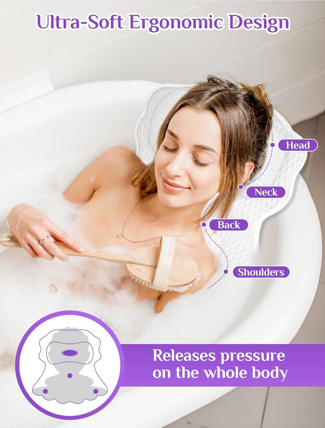 Bath Pillow Luxury Bathtub Pillow, Gliship Bath Tub Pillows for Head and Neck, Bath Cushion for Tub with Soft 4D Air Mesh Fabric 6 Non-Slip Suction Cups, Fit All Tub Relaxing Bath Accessories Spa Gift