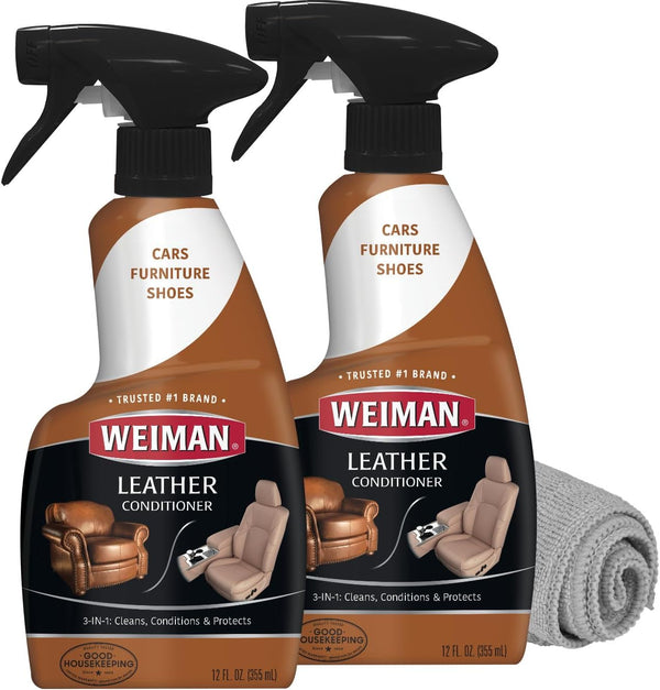 Weiman Leather Cleaner and Conditioner for Furniture - 12 Ounce - 2 Pack - Ultra Violet Protection Help Prevent Cracking or Fading of Leather Couches, Car Seats, Shoes, Purses