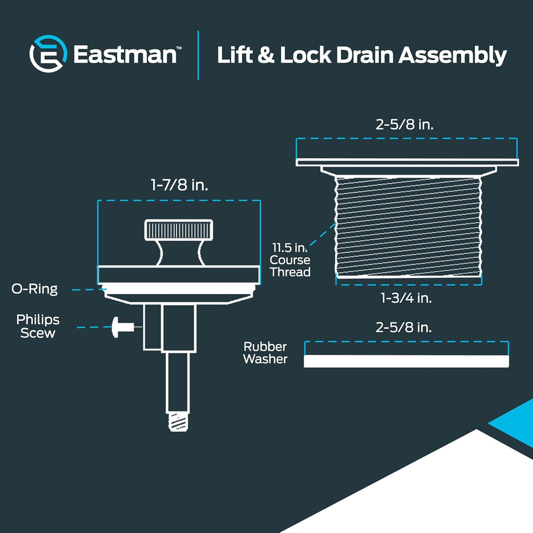 Eastman Lift-N-Turn Bathtub Drain Assembly Kit with Strainer and Stopper, 1-1/2 Inch X 11.5 Coarse Thread, Chrome Plated, 35233