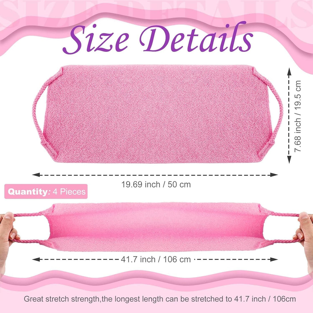 Moukeren Exfoliating Back Scrubber with Handles 4 Pack Nylon Back Exfoliator Extended Length Washers Scrubbers Stretchable Pull Strap Exfoliating Washcloth(Pink, Purple)