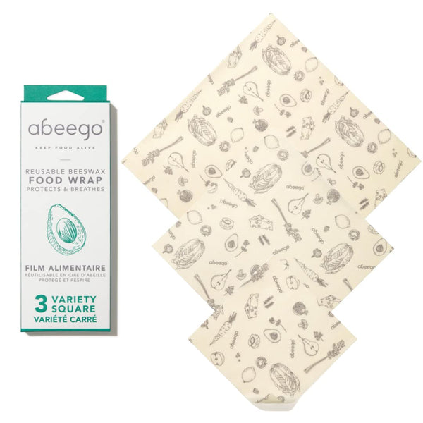 Abeego, the Original Beeswax Food Storage Wrap - Set of Three, 7" 10" and 13" Natural Square Sheets