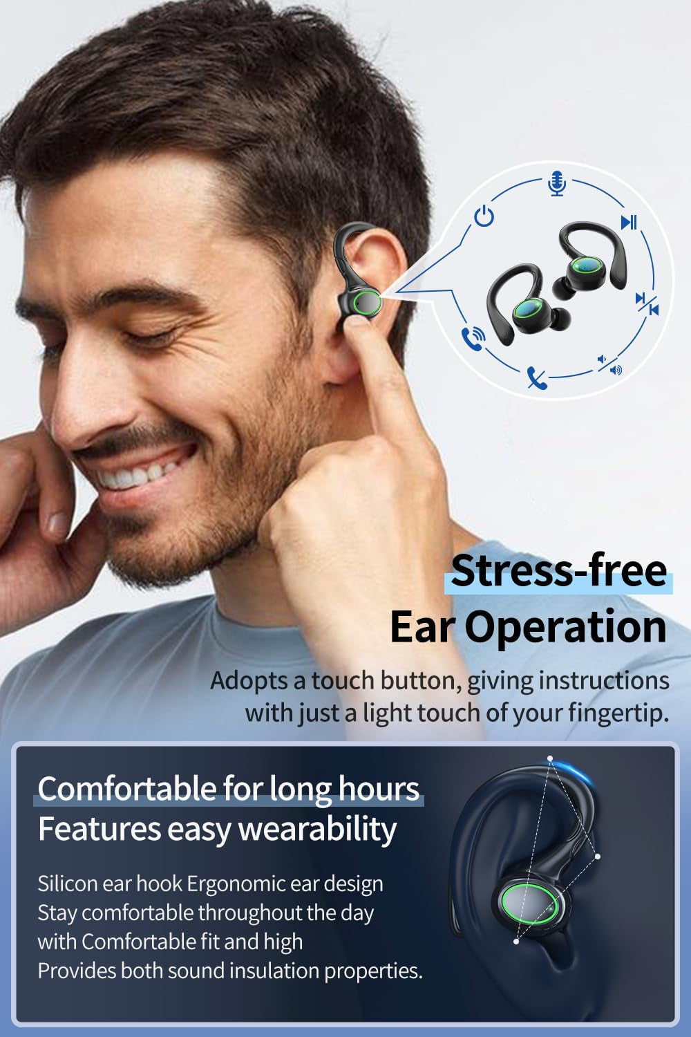 Wireless Earbuds, 60H Playback Bluetooth 5.3 Headphones,Noise Cancelling Wireless Headphones with LED Battery Display, Mics Clear Call, IPX6 Waterproof Bluetooth Earbuds for Workout Sports (BLACK)