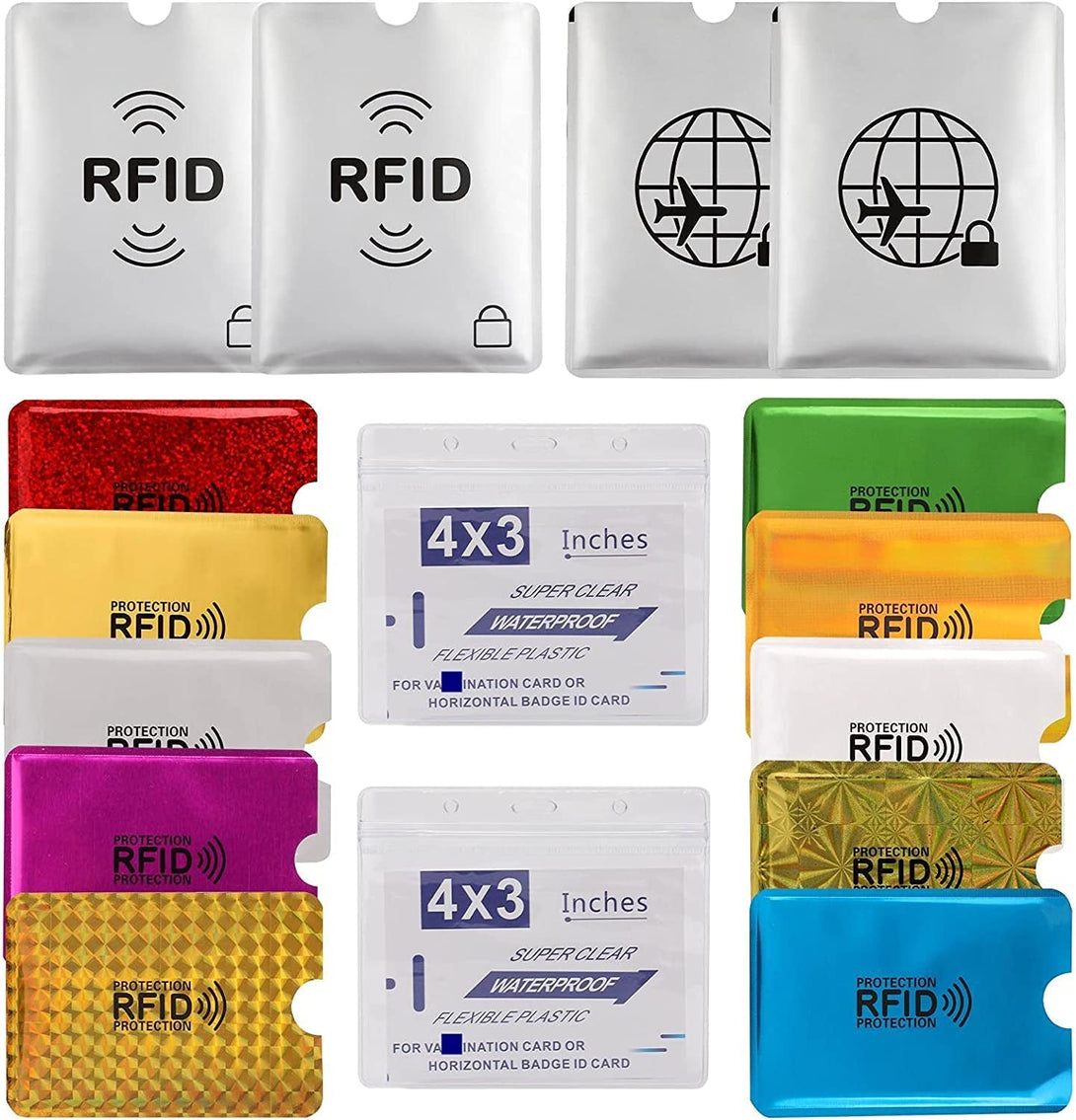 16 RFID Blocking Sleeves Set (10 Credit Card Holders & 4 Passport Protectors) Identity Theft Protection Secure Sleeves Set.Waterproof Aluminum Foil Slim Design Easily into Your Wallet