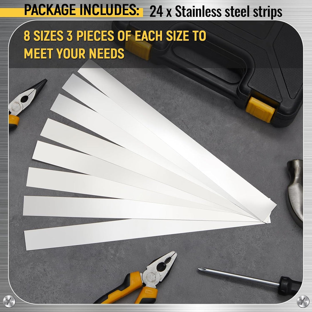 Amylove 24 Pcs 304 Stainless Steel Strips Shim Stock Metal Shims 1" Width X 6" Length Assortment 8 Thickness Sizes Thin Metal Sheet for Kitchen Trim Gap Filler Tools Home Improvement