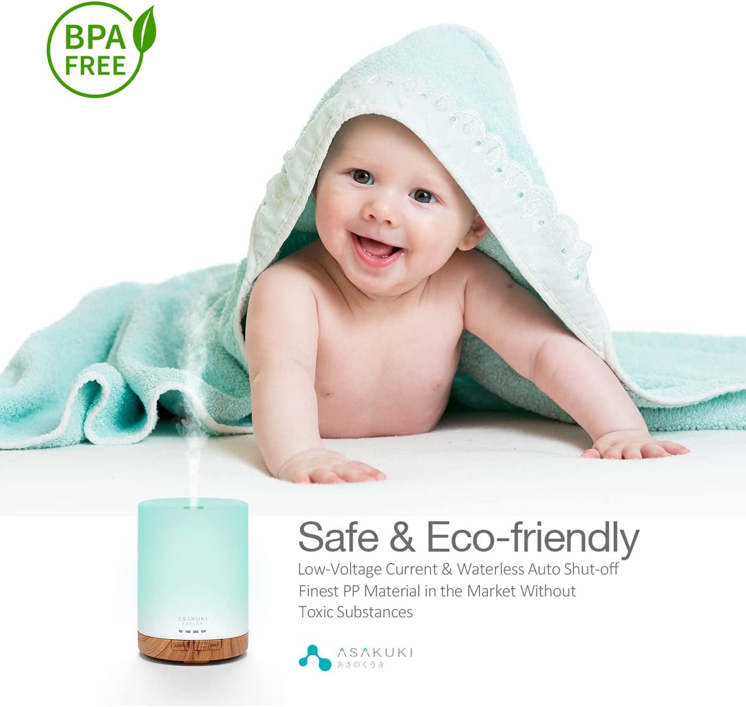 ASAKUKI 300ML Essential Oil Diffuser, Quiet 5-In-1 Premium Humidifier, Home Fragrance Aroma Diffuser with 7 LED Color Changing Light and Auto-Off Switch -Light Brown