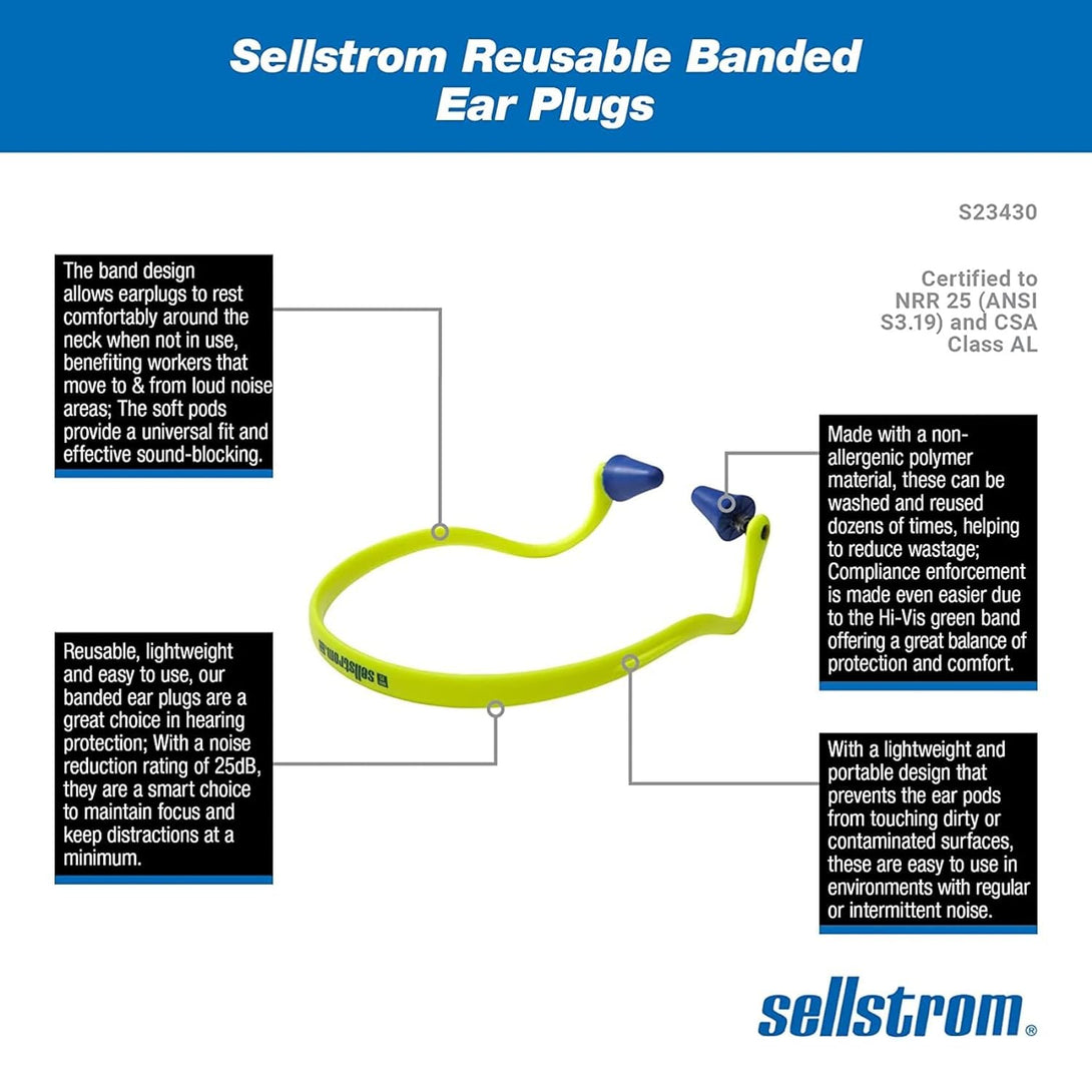 Sellstrom Reusable Banded Earplugs for Work - Work Safety Hearing Protection - 25Db - Hi-Vis Green/Blue