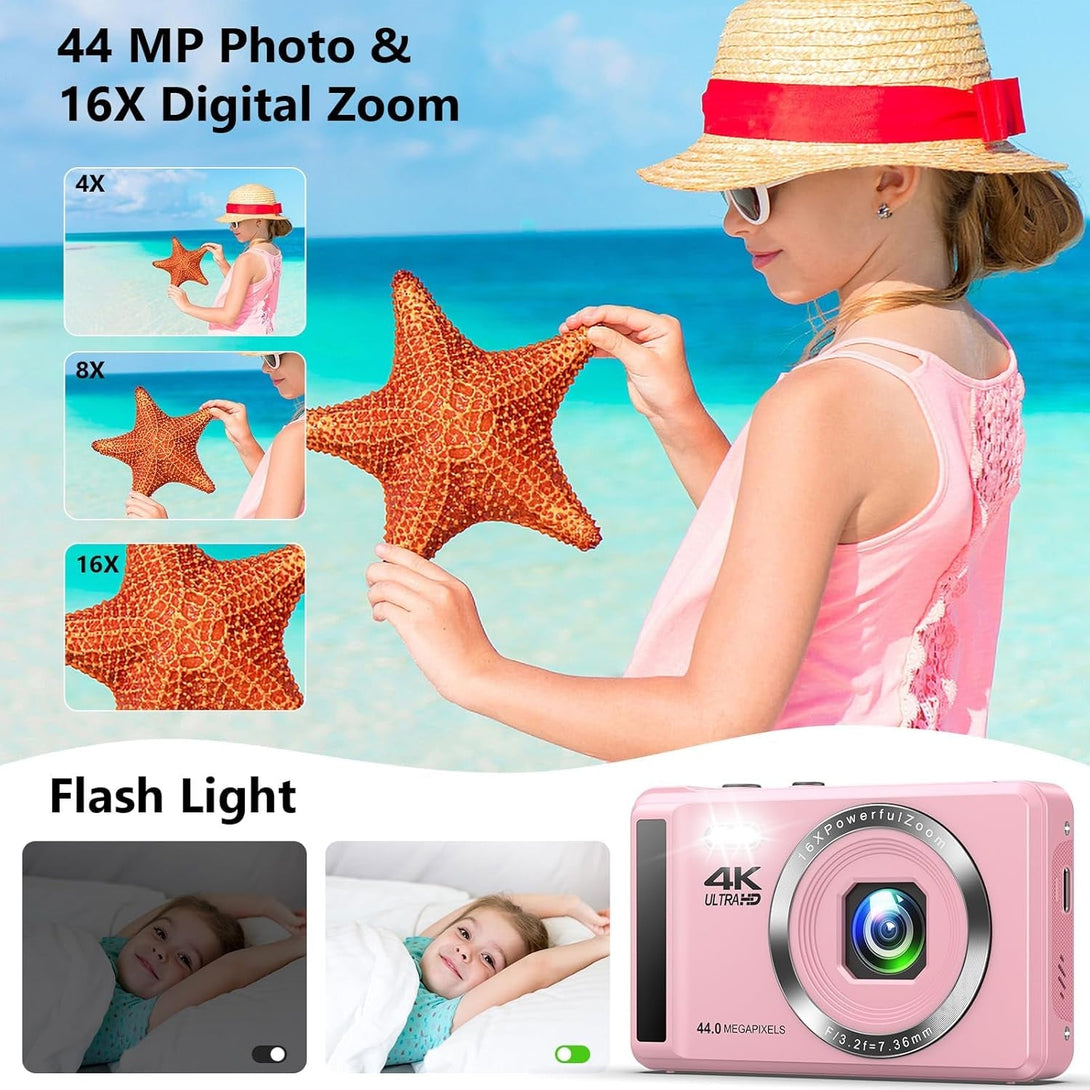 4K 44MP Digital Camera for Photography - 16X Zoom - Portable Vlogging Camera Includes 32GB SD Card & 2 Batteries for Kids, Teens, Beginners