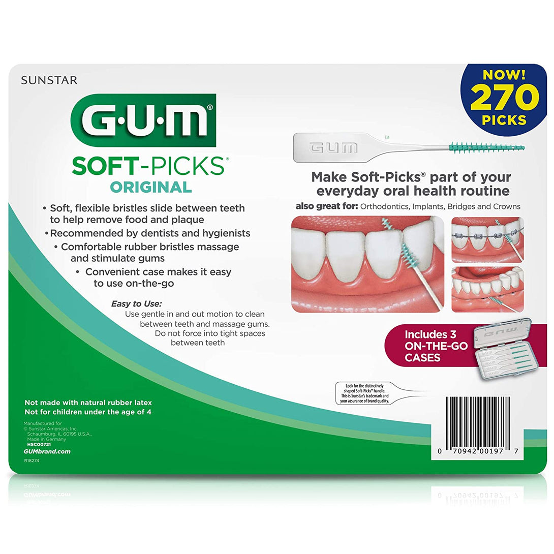 GUM Soft-Picks Original, Easy to Use Dental Picks for Teeth Cleaning and Gum Health, Disposable Interdental Brushes with Convenient Carry Case, Dentist Recommended Dental Picks, 270Ct