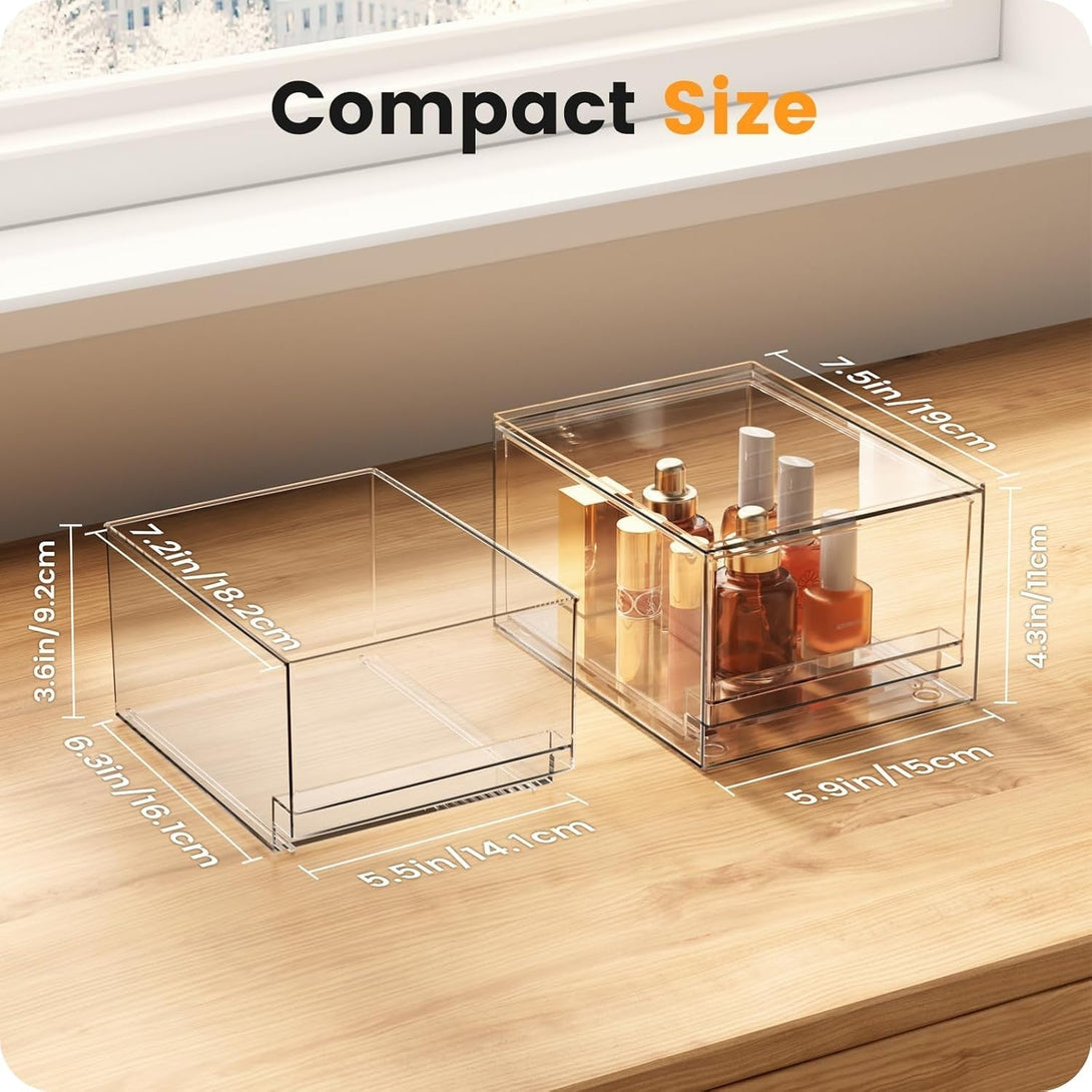A-Lugei 【𝟰𝗣𝗖𝗦】 Acrylic Stackable Drawers, 7.5" L Makeup Organizer, Bathroom Organizer and Storage, Plastic Storage Bins for Kitchen Cabinet Pantry Medicine Fridge