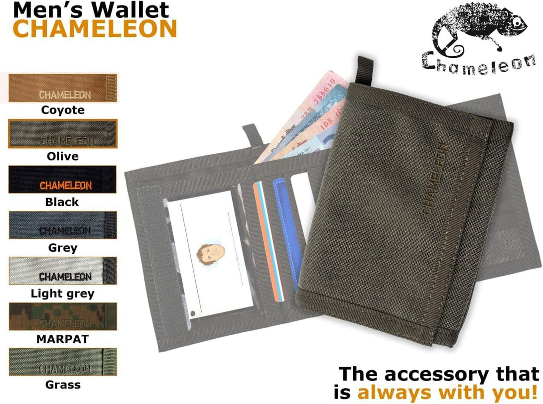 Chameleon Trifold Men Nylon Wallet - Military Tactical Mens Wallets- ID Card Holder - Canvas Thin Front Pocket Travel Wallet -Coin Zipper Pocket