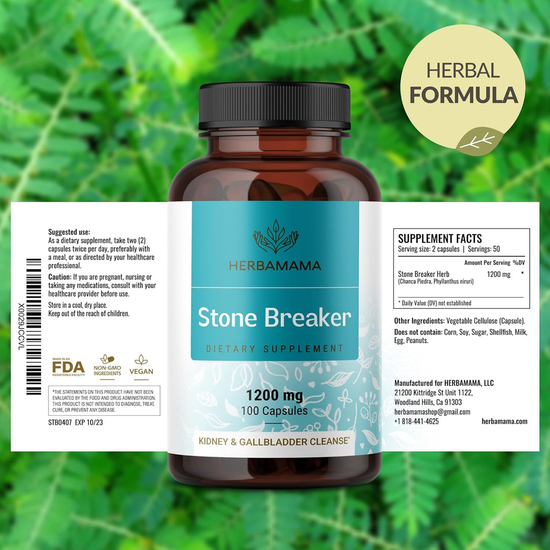 HERBAMAMA Stone Breaker Chanca Piedra Capsules - 1200 Mg Chanca Piedra Kidney Stones Dissolver - Gallbladder Cleanse and Kidney Support Supplement - Vegan, Non-Gmo - 100 Caps