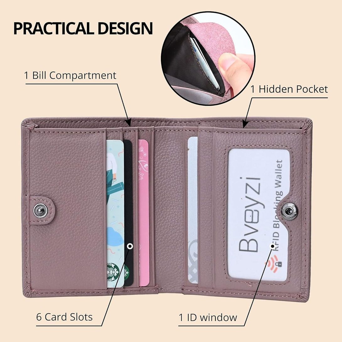 Bveyzi Ultra Slim Small RFID Wallet for Women, Leather Tiny Thin Bifold Pocket Ladies Wallet