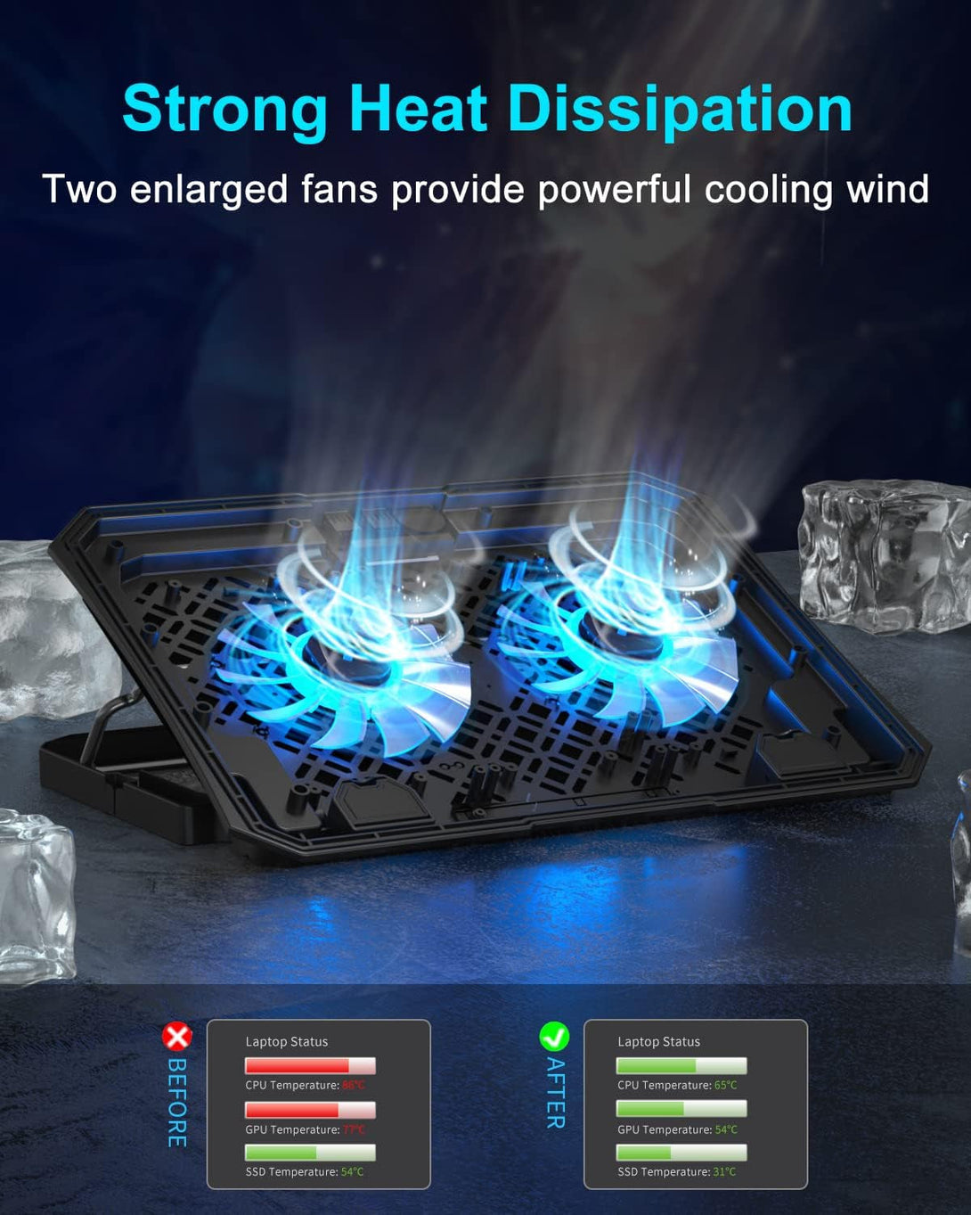 Keibn Laptop Cooling Pad, Gaming Laptop Cooler 2 Fans for 10-15.6 Inch Laptops, 5 Height Stands, 2 USB Ports (S039)