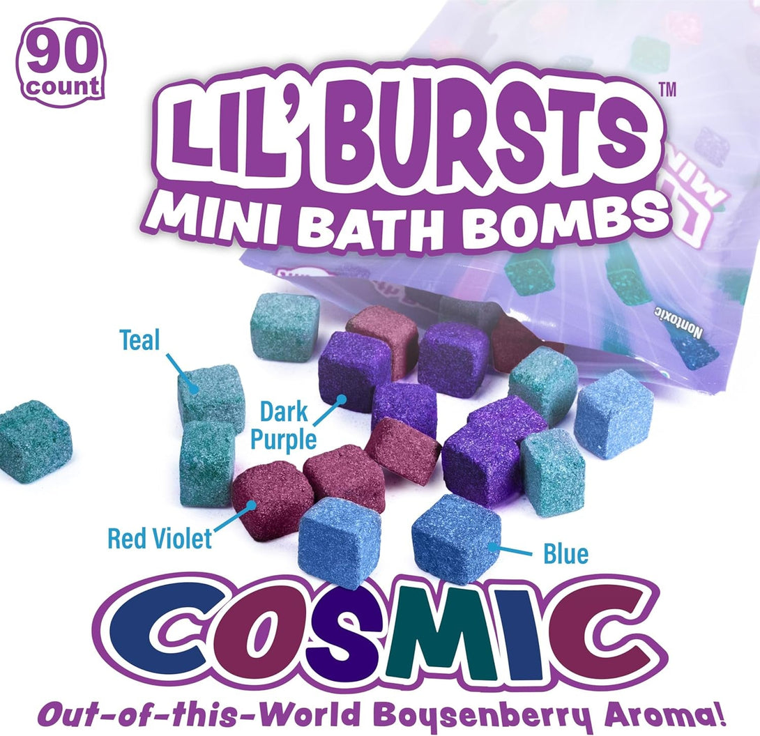 Lil' Bursts Mini Bath Bombs for Kids, 90 Count, Cosmic | Nontoxic | Tiny with a Burst of Color, Foam & Bubbles | Customize with Fun Colors | Create Bath Art