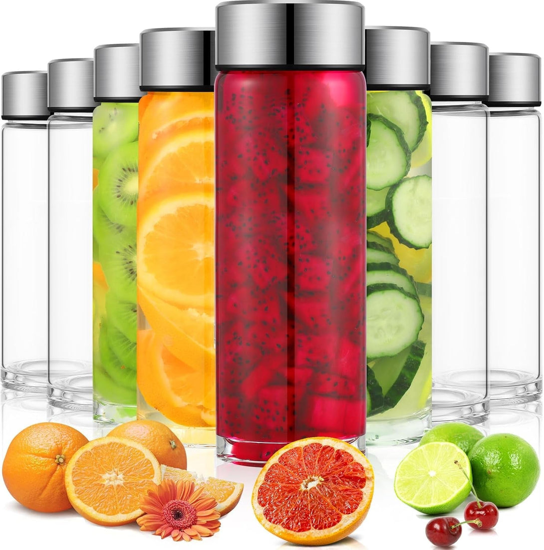 8 Pcs Wide Mouth Glass Water Bottles Reusable Glass Bottles with Lids Leakproof Juice Jars with Lids for Fridge Milk Juicing Smoothies Infused Water Beverage Kombucha Tea Drinking (Silver,16 Oz)