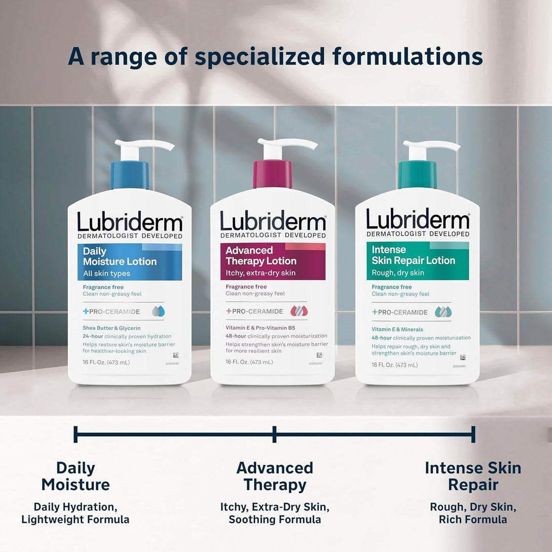 Lubriderm Advanced Therapy Fragrance Free Moisturizing Hand & Body Lotion + Pro-Ceramide, Intense Hydration for Itchy, Extra Dry, & Sensitive Skin, Non-Greasy, Hypoallergenic, 16 Fl. Oz