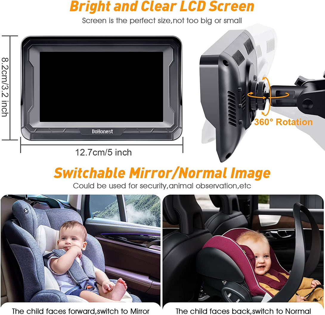 Dohonest Baby Car Camera for Backseat: HD 1080P Easy Setup Carseat Camera Rear Facing Infant - Crystal Night Vision 360° Rotating Baby Car Monitor for Kids - V33