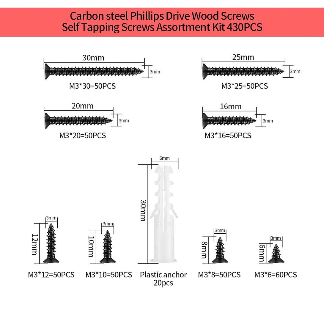 430 Pcs M3 Wood Screws Assortment Kit, Black Flat Head Self-Tapping Screws, Cross Drive Head Countersunk Head Screws Fasteners, Assorted Chipboard Cabinet Screws with 20 Plastic Wall Screw Anchors