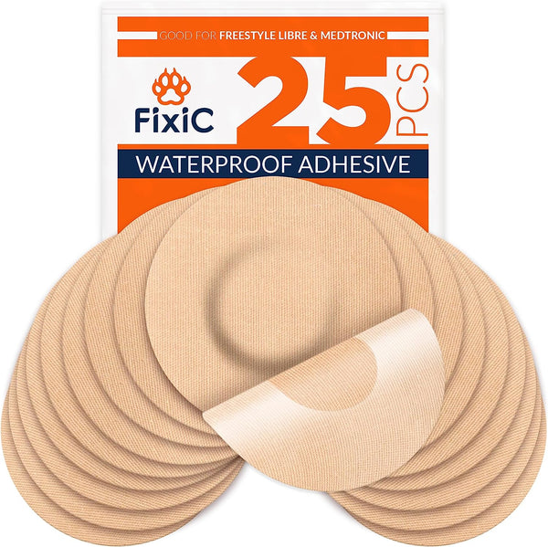 Fixic Freestyle Adhesive Patch 25 PCS – Good for Libre 1, 2, 3 – Enlite – Guardian – NO Glue in the Center of the Patch – Pre-Cut Back Paper – Long Fixation for Your Sensor! (Tan)