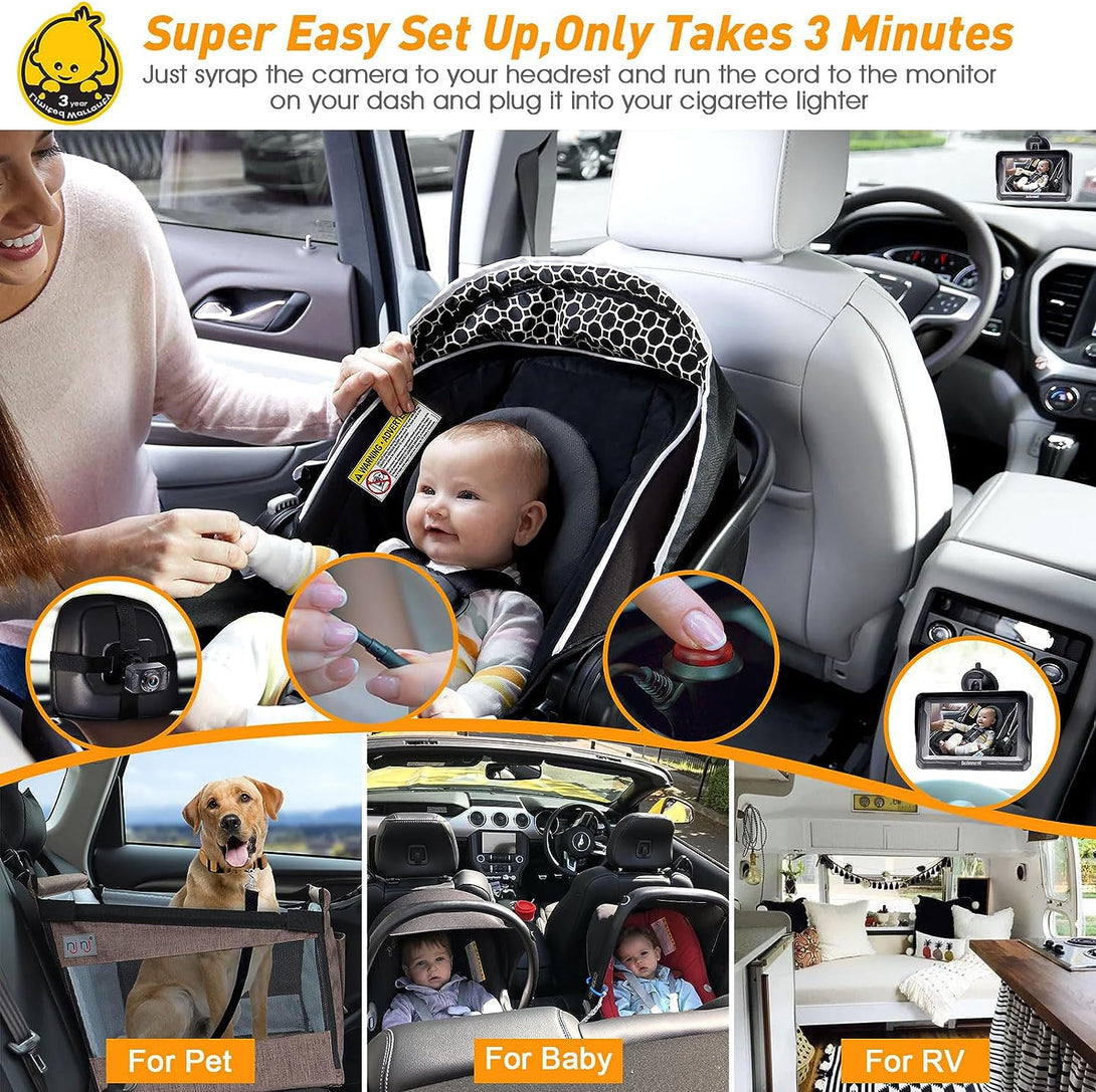 Dohonest Baby Car Camera for Backseat: HD 1080P Easy Setup Carseat Camera Rear Facing Infant - Crystal Night Vision 360° Rotating Baby Car Monitor for Kids - V33