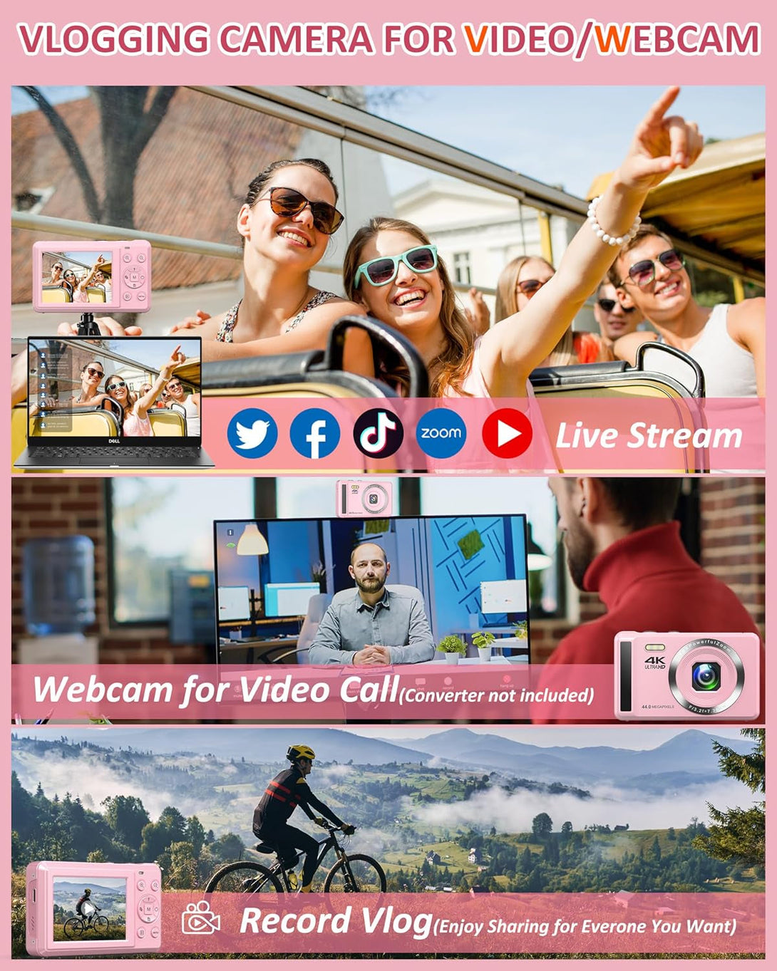 4K 44MP Digital Camera for Photography - 16X Zoom - Portable Vlogging Camera Includes 32GB SD Card & 2 Batteries for Kids, Teens, Beginners