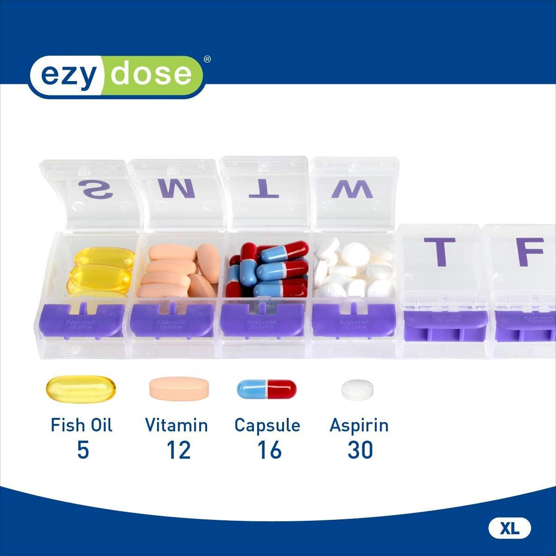 EZY DOSE Weekly (7-Day) Pill Case, Medicine Planner, Vitamin Organizer Box, X-Large Push-Button Compartments, Convenient and Easy to Use, Color May Vary, BPA Free