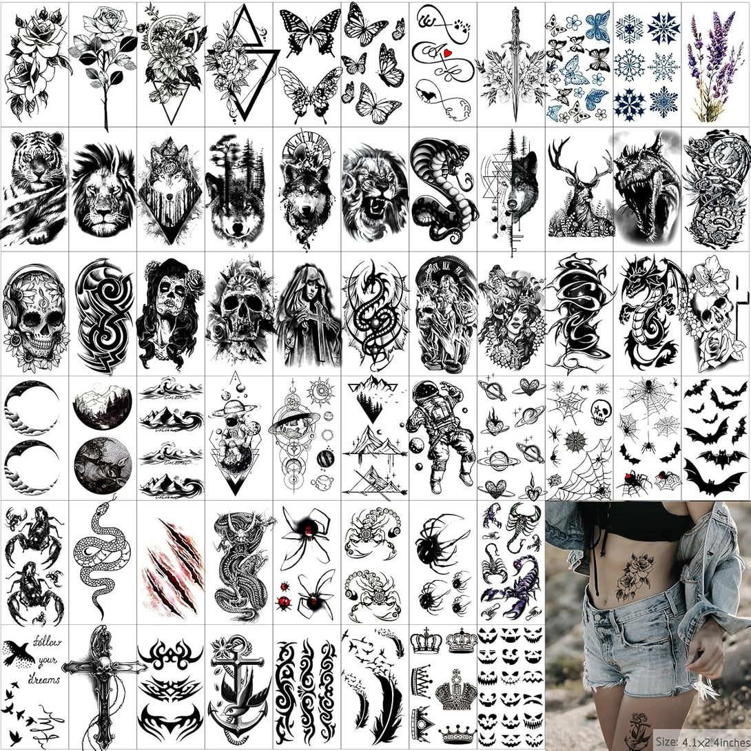 72 Sheets Temporary Tattoo for Men Women Adults, Include 12 Sheets Black 3D Half Sleeve Temporary Tattoos, Halloween Tattoos Scary Lion Wolf Tiger Skull Skeleton Tattoos Stickers