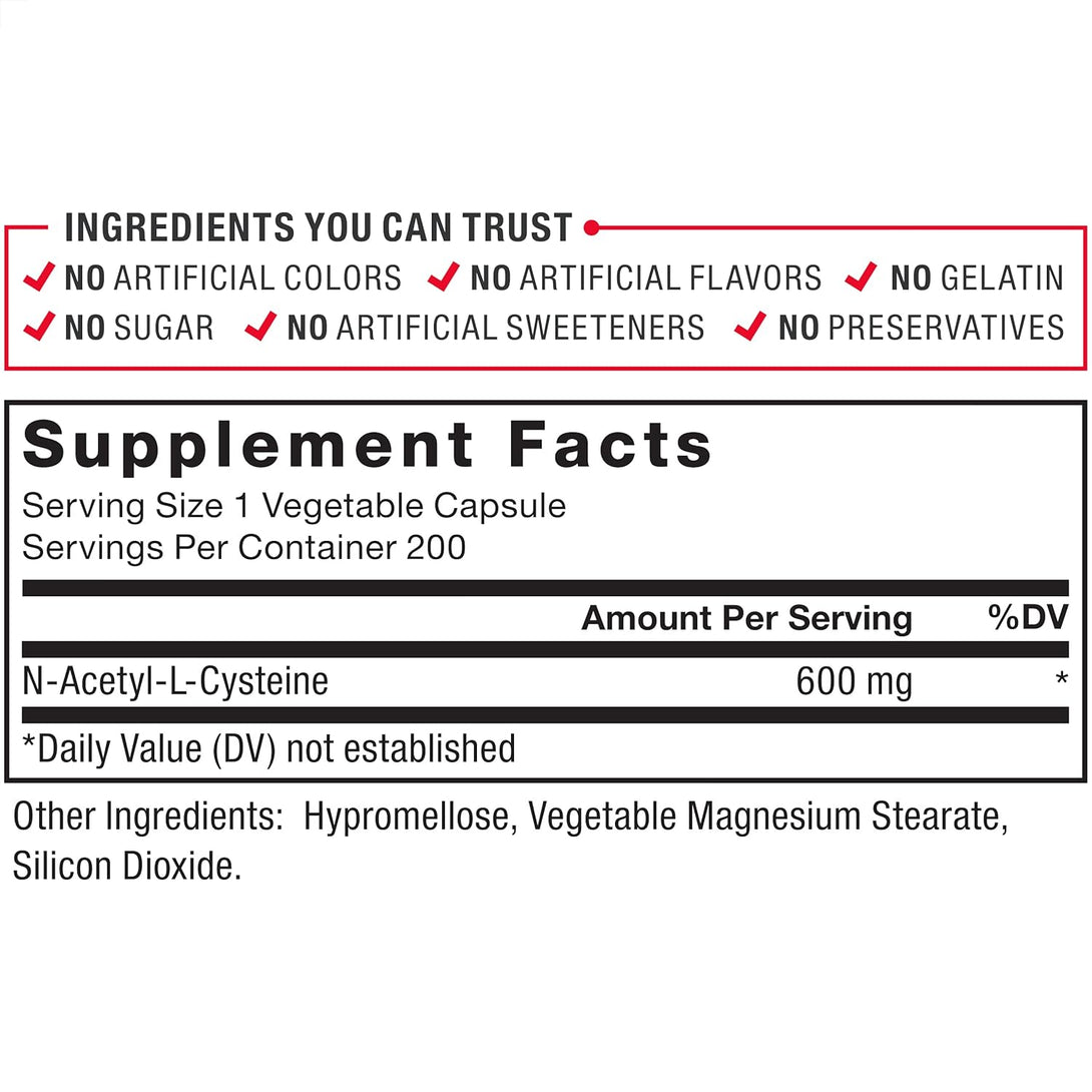 FORCE FACTOR NAC Supplement N-Acetyl Cysteine 600 Mg, Immune Support Supplement, 200 Vegetable Capsules