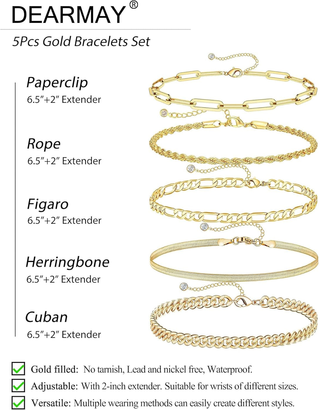 DEARMAY Gold Bracelets for Women Waterproof, 14K Real Gold Jewelry Sets for Women Trendy Thin Dainty Stackable Cuban Link Paperclip Chain Bracelet Pack Fashion Accessories Gifts for Womens