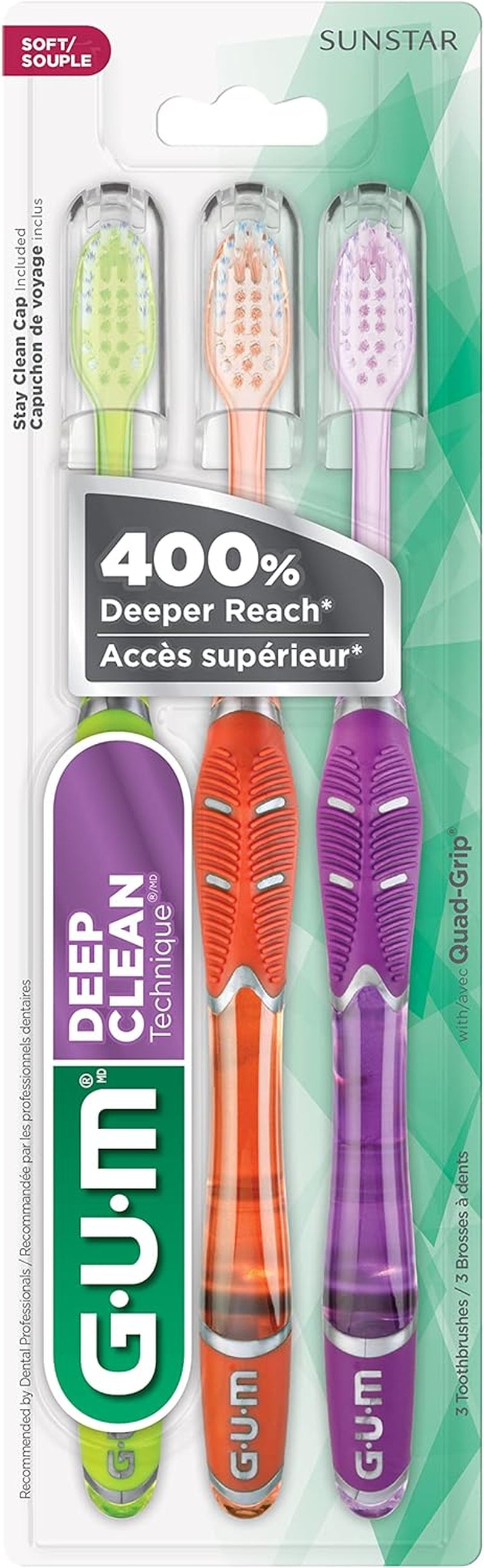 GUM Technique Deep Clean Toothbrush - Compact Soft - Soft Toothbrushes for Adults with Sensitive Extra Fine Bristles, 3Ct