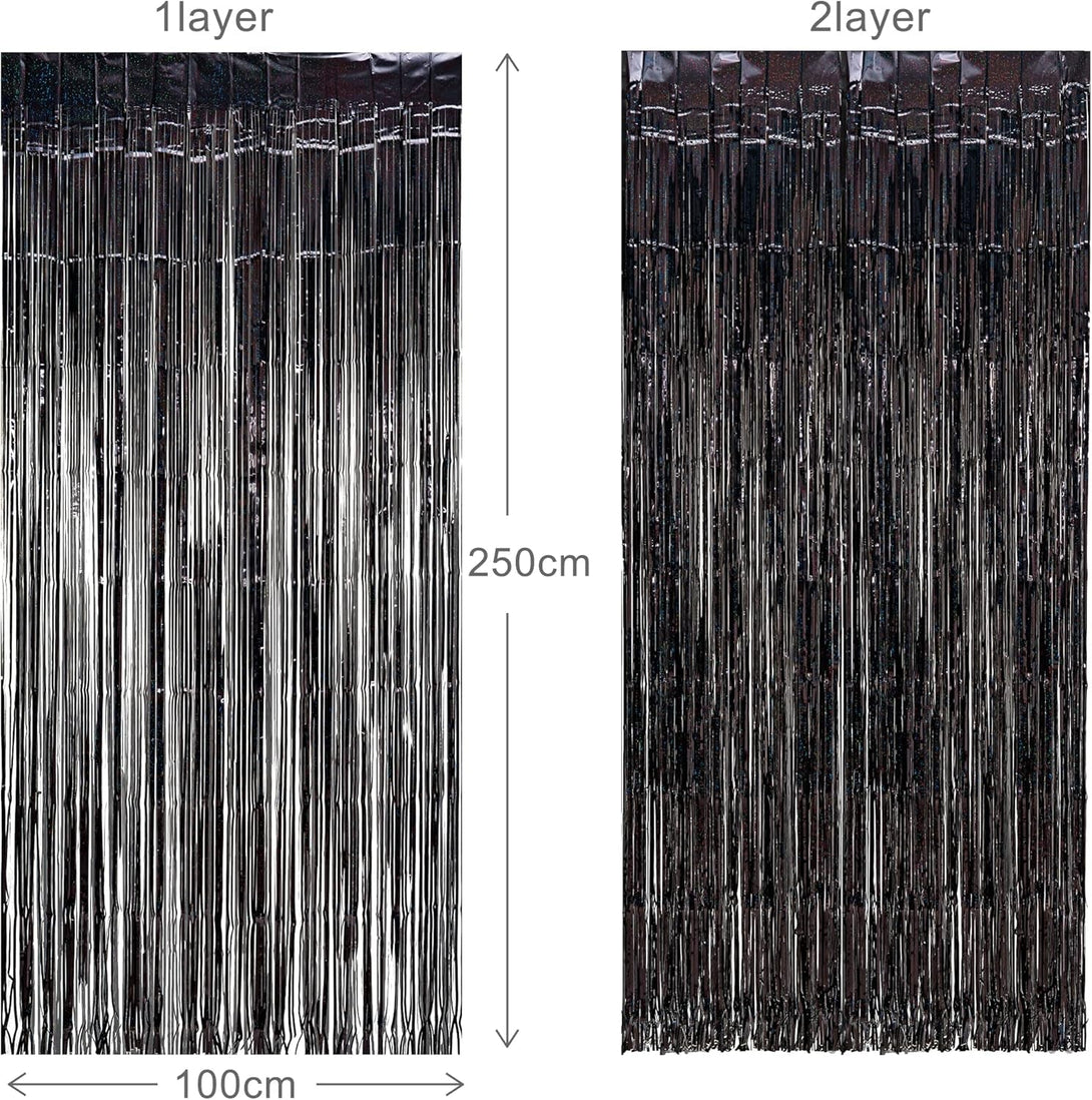 Black Tinsel Curtain Party Backdrop - GREATRIL Party Streamers Backdrop Foil Fringe Curtains for Birthdays/Wizard Halloween Decorations - 1M X 2.5M - Pack of 2