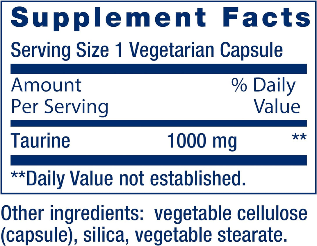 Life Extension Taurine, Pure Taurine Amino Acid Supplement, Heart, Liver and Brain Health, Longevity, Muscle and Exercise, 1000 Mg Dose, Non-Gmo, Gluten-Free, Vegetarian, 90 Vegetarian Capsules