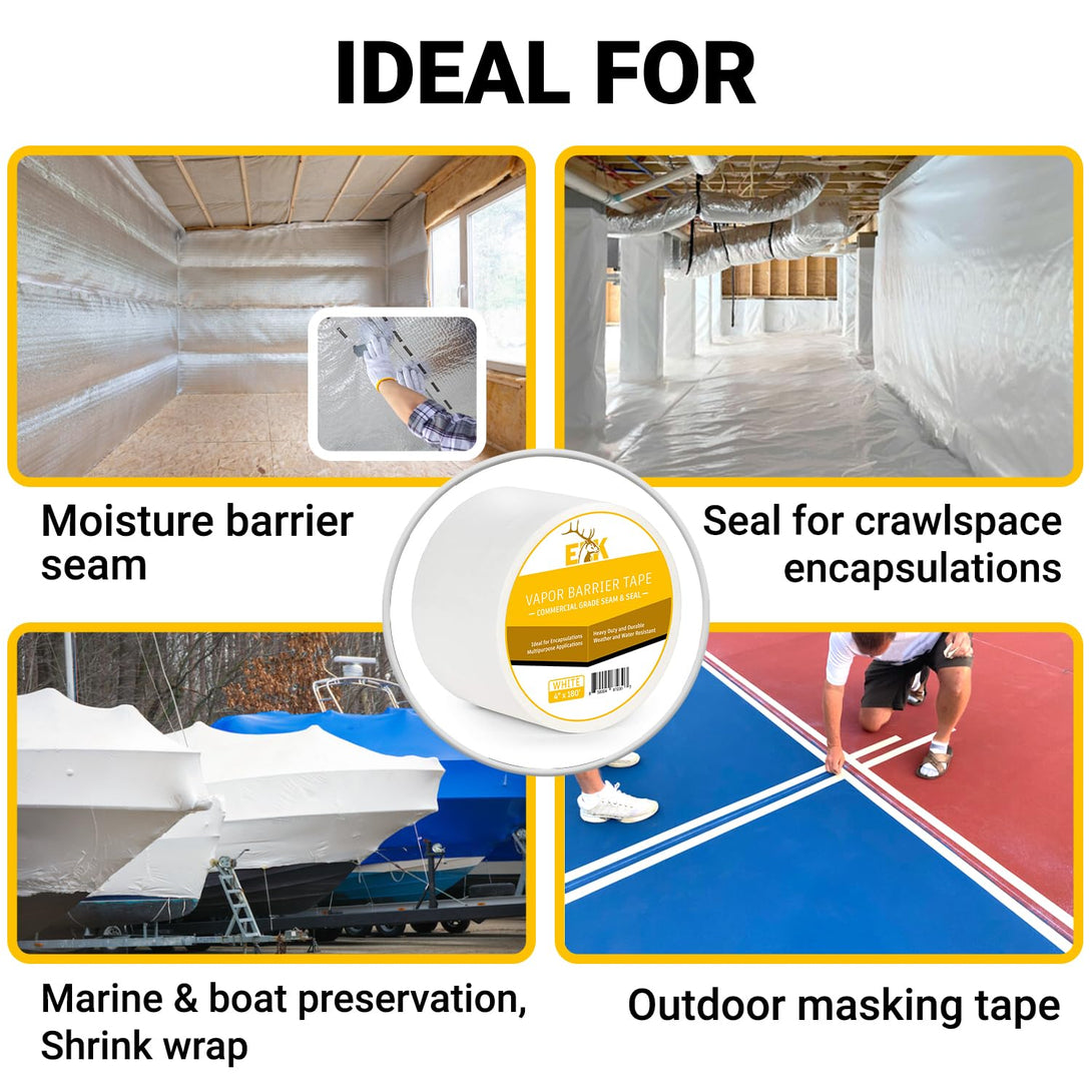 ELK Vapor Barrier Tape, PE 9Mm Polyethylene Tape, Moisture Barrier Seam and Seal for Crawlspace Encapsulations or Marine Use - Waterproof (4 Inch X 180 Feet, White, 1 Pack)