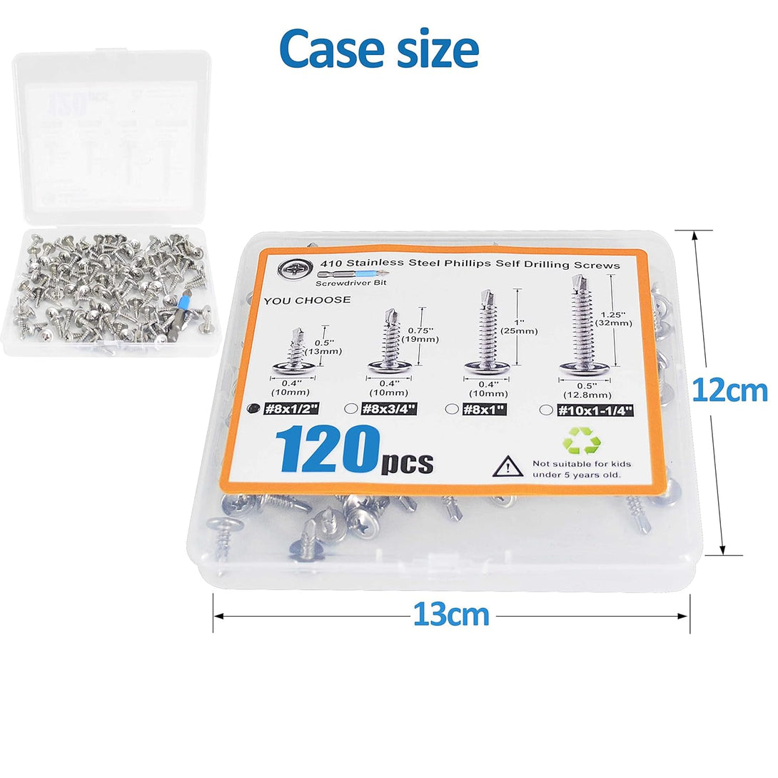 120PCS #8 X 1/2'' Sheet Metal Screws 410 Stainless Steel Truss Head Fast Self Tapping Screws with Screwdriver Bit Silver