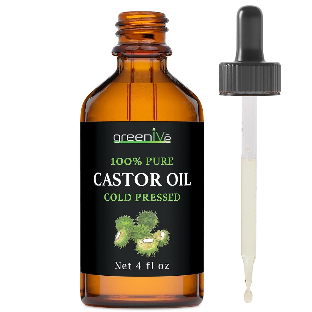 Greenive Castor Oil Organically Grown 100% Pure 4 Fl Oz Bottle Cold Pressed, Hexane Free, Eyelash and Eyebrow Growth Serum, Skin Moisturizer Detox and Wraps