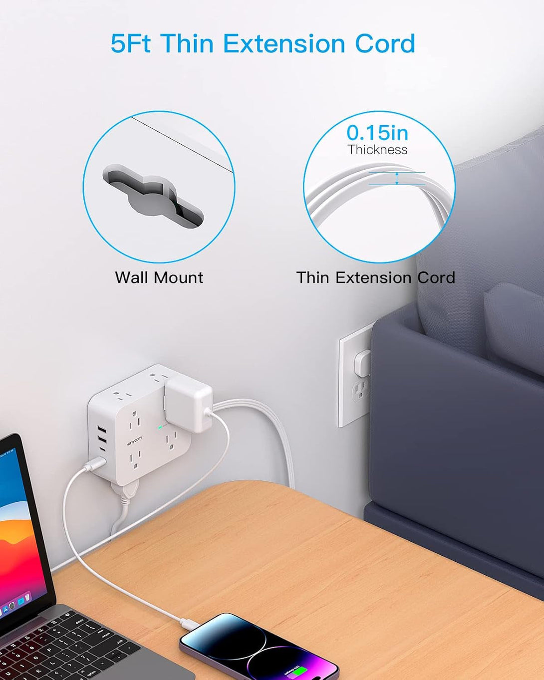 Surge Protector Power Strip, HANYCONY Extension Cord with Multiple Outlets, 5 Ft Ultra Thin Flat Plug 8 Outlets 4 USB Ports(2Usb C), 1080J Outlet Extender for Home Office College Dorm Room Essentials