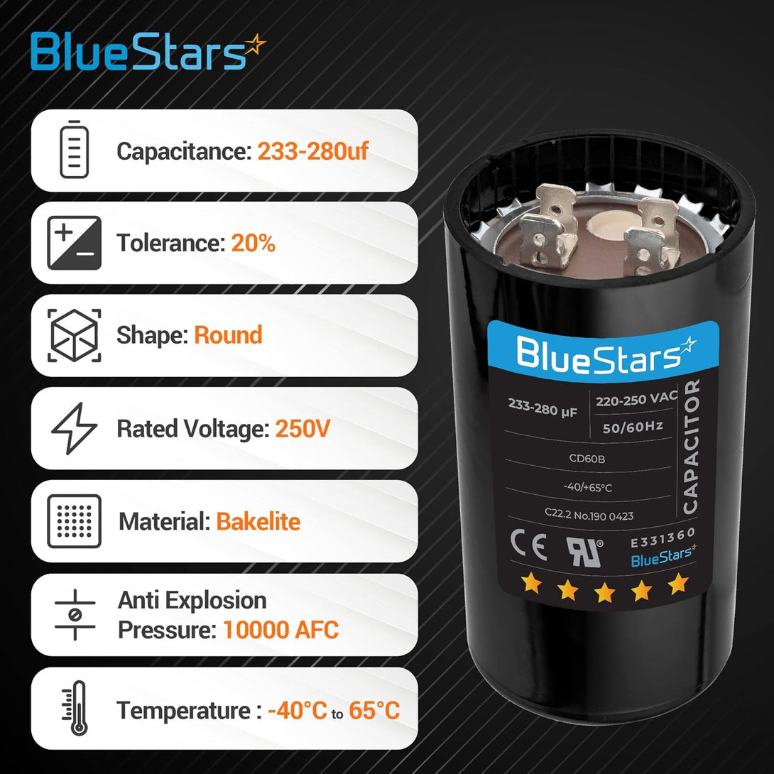 Upgraded Version 233-280 Mfd 220-250VAC ±20% Volts round Motor Start Capacitor 50/60 Hz AC Electric Replacement Part by Blue Stars