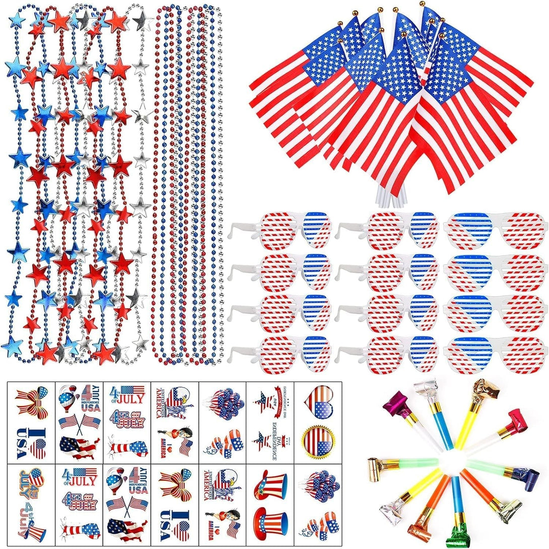 86Pcs 4Th of July Accessories Patriotic Party Favors Shutter Glasses Necklaces Handheld US Flags Blowouts Tattoos Memorial Day Decorations Veterans Party Supplies