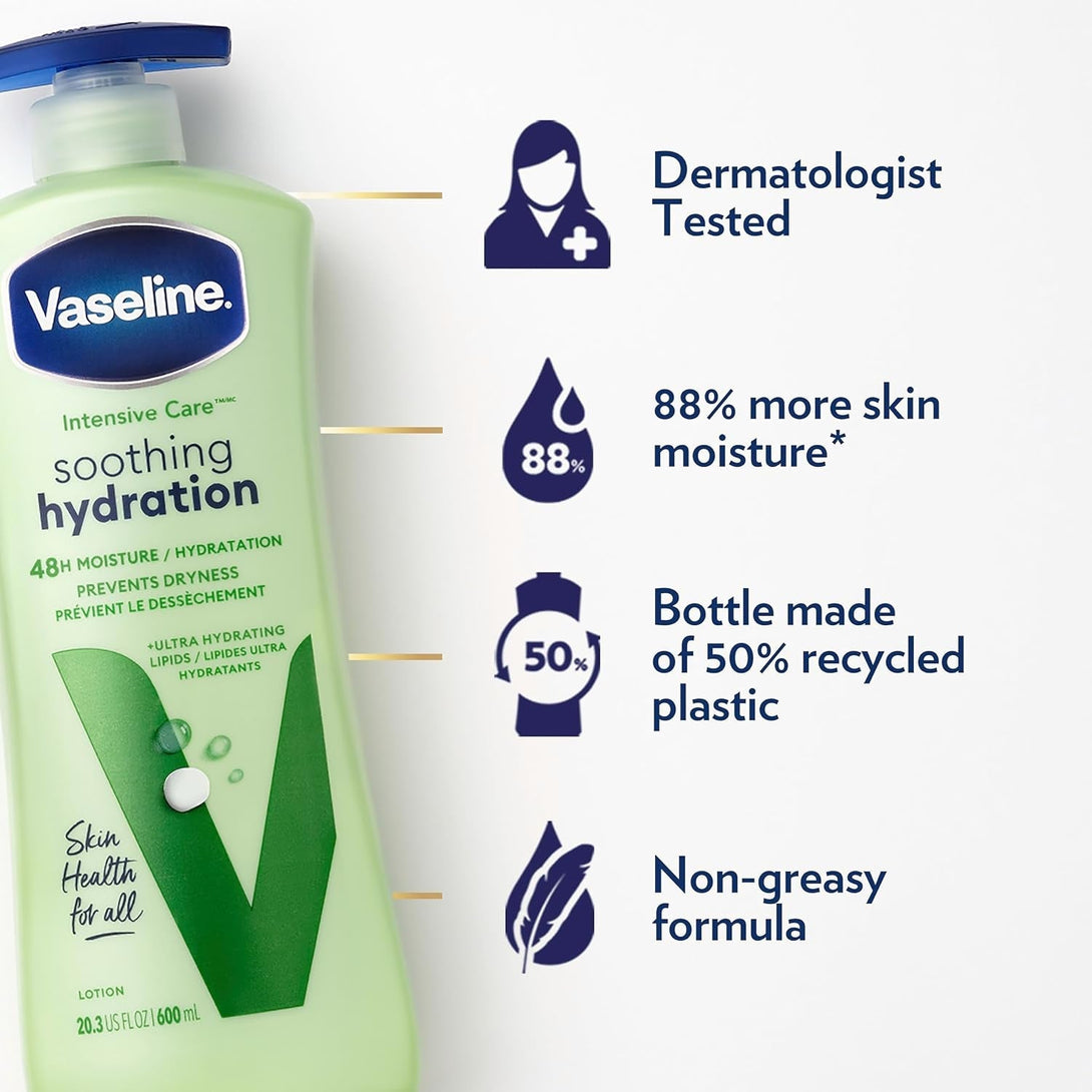 Vaseline Intensive Care Body Lotion Soothing Hydration for Dry Skin with Ultra-Hydrating Lipids + 1% Aloe Vera Extract to Refresh Dehydrated Skin 20.3 Oz