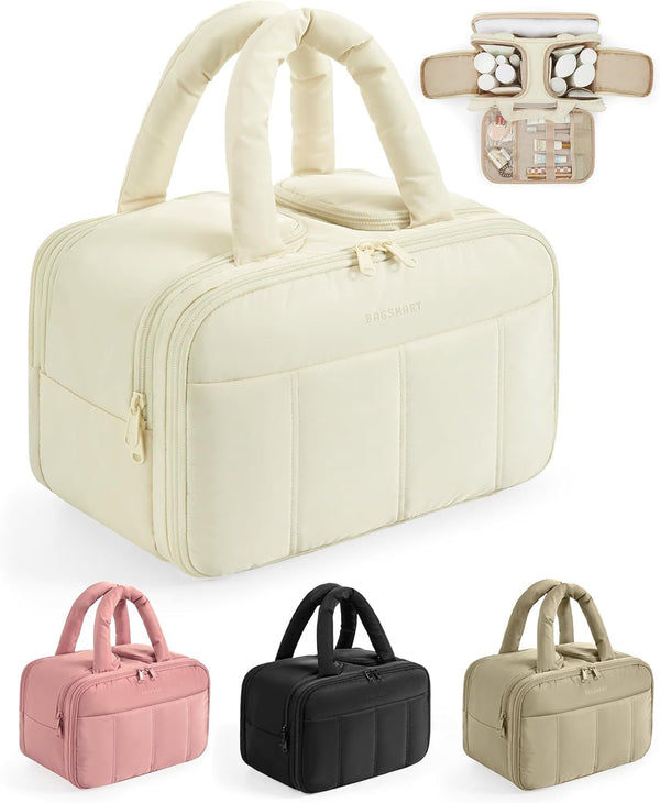 BAGSMART Travel Toiletry Bag, Puffy Large Toiletry Bag for Women, Lightweight Cosmetic Makeup Bag Organizer with Handle for Traveling, Accessories, Essentials, Toiletries ï¼ˆBeige