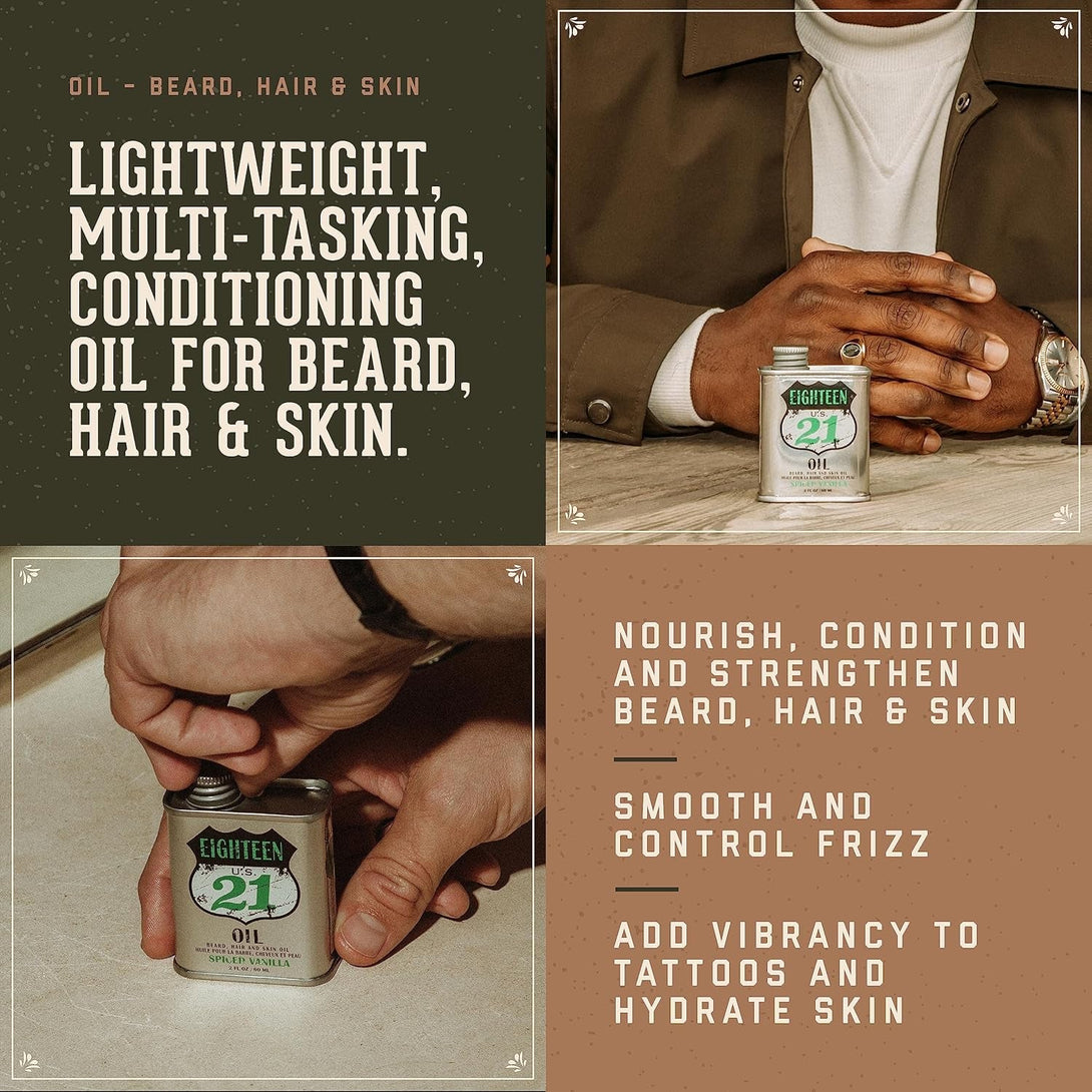 18.21 Man Made Hair, Skin & Beard Oil for Men, 4 Scents - Non-Greasy, Conditioning Balm with Castor Seed, Jojoba, and Argan Oils - Premium Tattoo and Mustache Care Products
