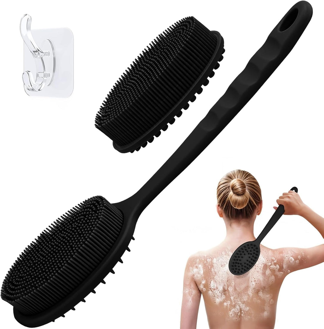 Silicone Back Scrubber, Soft Silicone Loofah with Handle, Gentle Exfoliating Back Scrubber, Back Brush Bath Brush with Two Dual-Side & Detachable Brush Heads(Black-Two Heads)