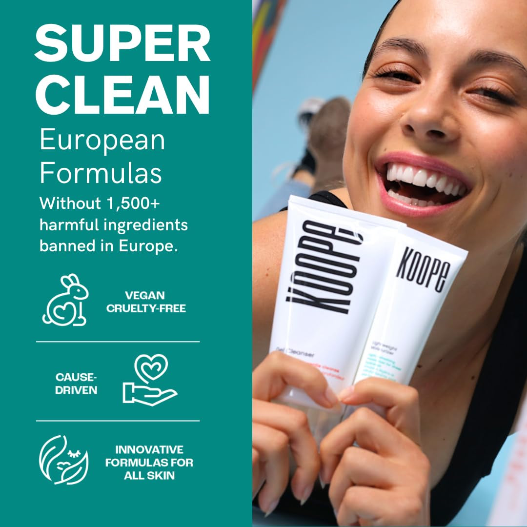 Koope Gel Face Wash, Cleanser for All Skin Types, Gentle, Soap-Free, Ph Balanced, Makeup Remover with Oat Amino Acids, Cucumber, Kiwi & Aloe, Free of Parabens, Sulphates & Fragrances, Vegan, 5.0 FL OZ